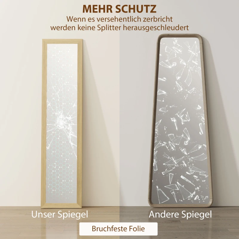 HOMCOM Spiegel, passpiegel, wandspiegel, 37 cm x 40 cm x 155 cm, incl. bevestigingshaken, zilver + eik