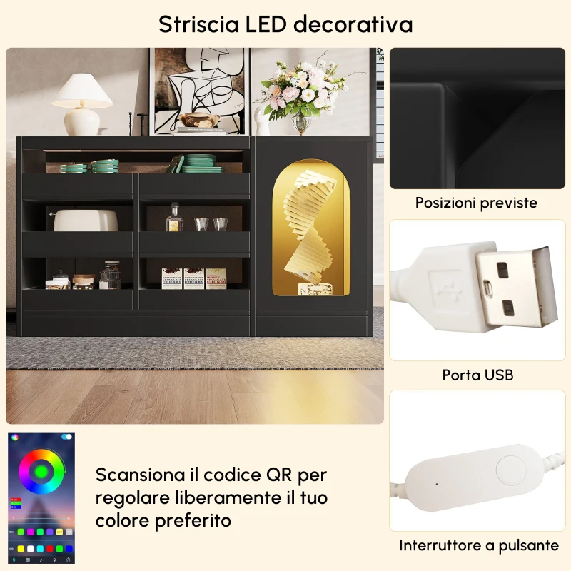 Mueble de cajones moderno, aparador de comedor con luz LED y 6 cajones, 120x40x75 cm, Negro