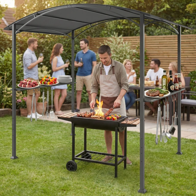 Outsunny Abri pour Barbecue tonnelle de jardin 245 x 152 x 218 cm en Acier avec Étagères Latérales et Crochets, gris foncé