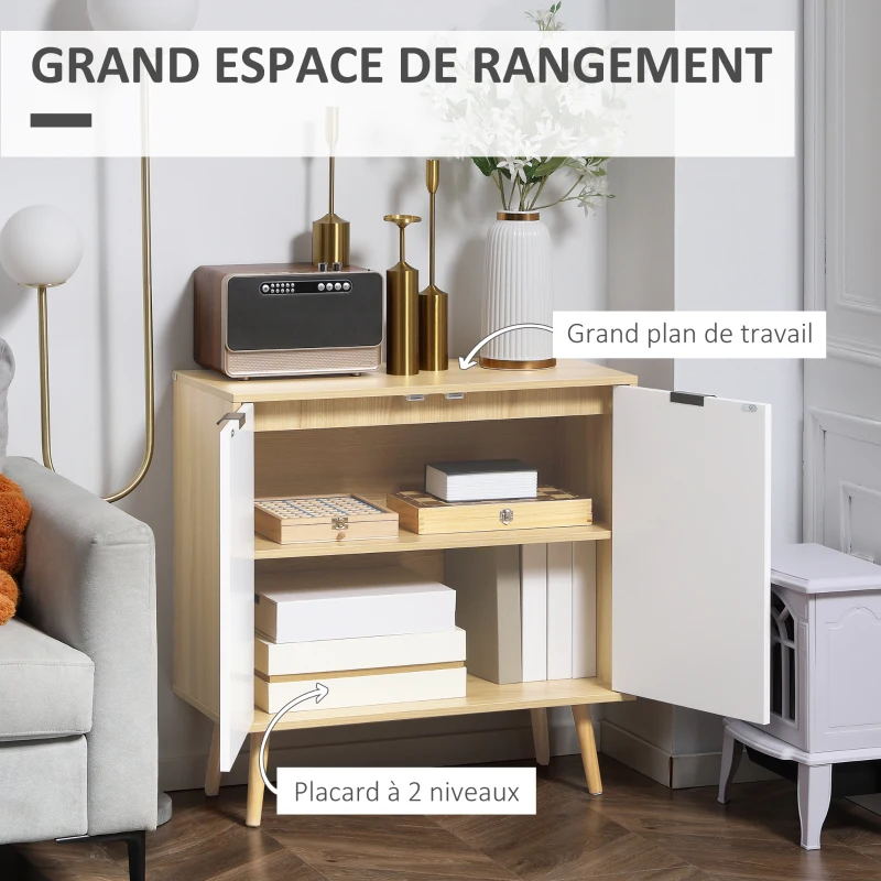 HOMCOM Buffet salon, meuble de rangement avec 2 portes et étagère réglable, 77 x 35 x 77,5 cm, blanc et bois naturel