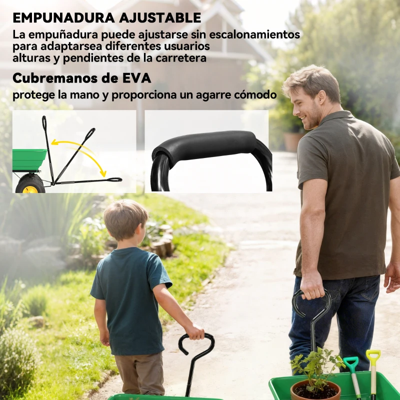 Outsunny Carro de Jardín Inclinable hasta 75° con Mango Ajustable y 4 Neumáticos Capacidad Max.75 L Acero 109x52x94 cm Verde