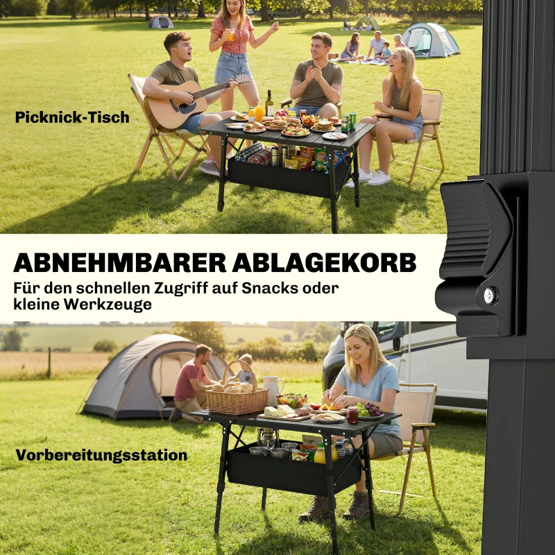 Outsunny Campingtisch mit Aufbewahrungskorb, höhenverstellbar, faltbar, Aluminium, Schwarz