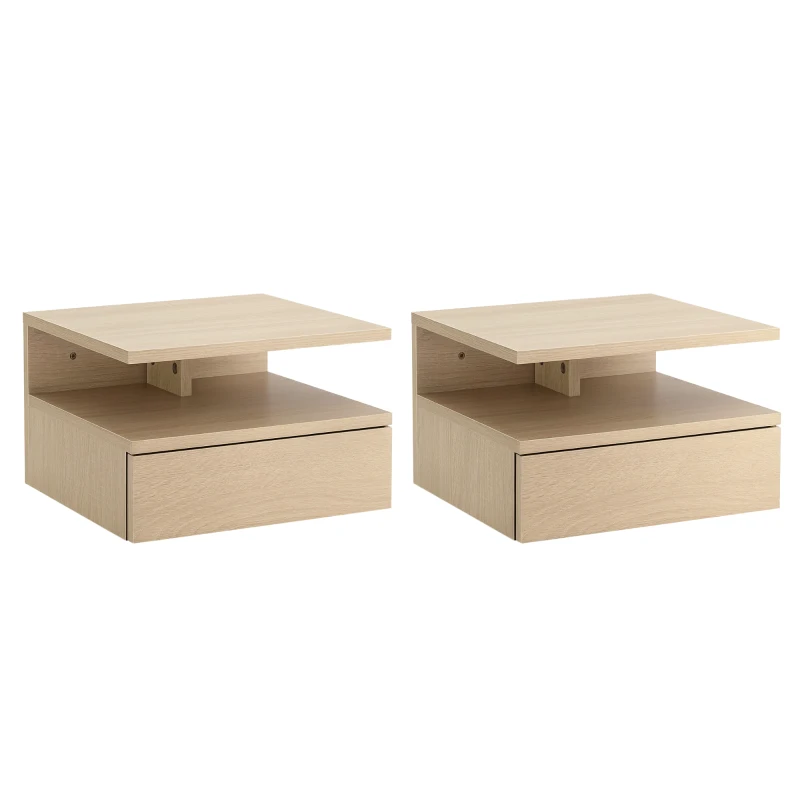 HOMCOM Conjunto de 2 Mesas de Cabeceira Flutuante com 1 Gaveta e Prateleira Aberta com Desenho Moderno  35x32x22,5 cm Carvalho