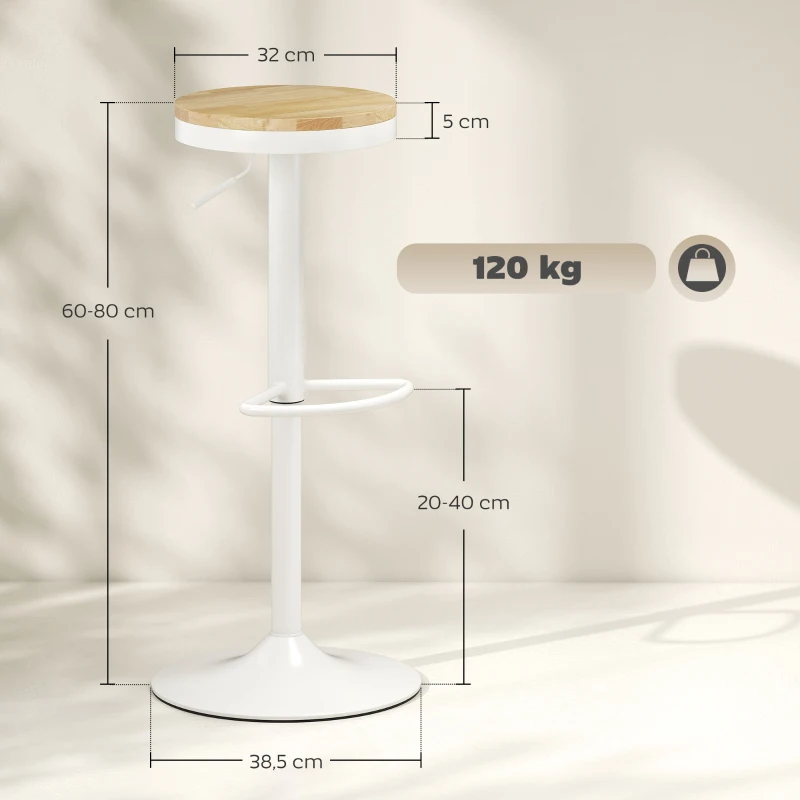 HOMCOM Bar stool 2-piece set, Height-Adjustable 360° Swivel Bar Chair with Steel Frame Footrest 38.5x38.5x60-80 cm Natural Wood+White