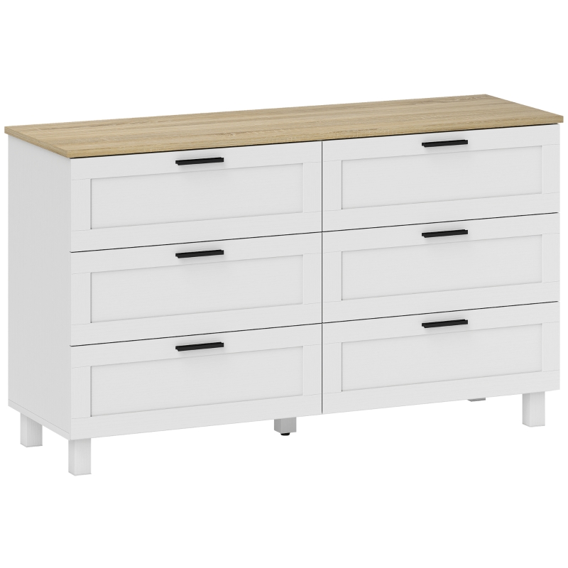 HOMCOM Kommode mit 6 Schubladen, Aufbewahrungsmöbel mit Kiefernholzfüßen, moderner Stil, 120 x 38 x 71 cm, Naturholz und Weiß