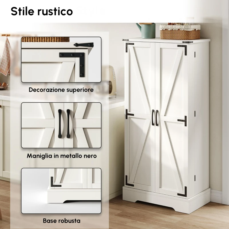 Armadio da cucina in stile country con illuminazione LED e ripiani regolabili, 60x35x128,5 cm, Bianco