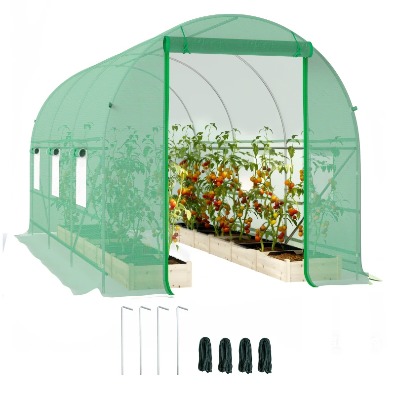 Outsunny Estufa Tipo Túnel 400x200x200cm Estufa de Túnel com Portas Enroláveis e 6 Janelas Cobertura de PE 140 g/m² Estrutura de Metal para Cultivo de Plantas Verduras Verde