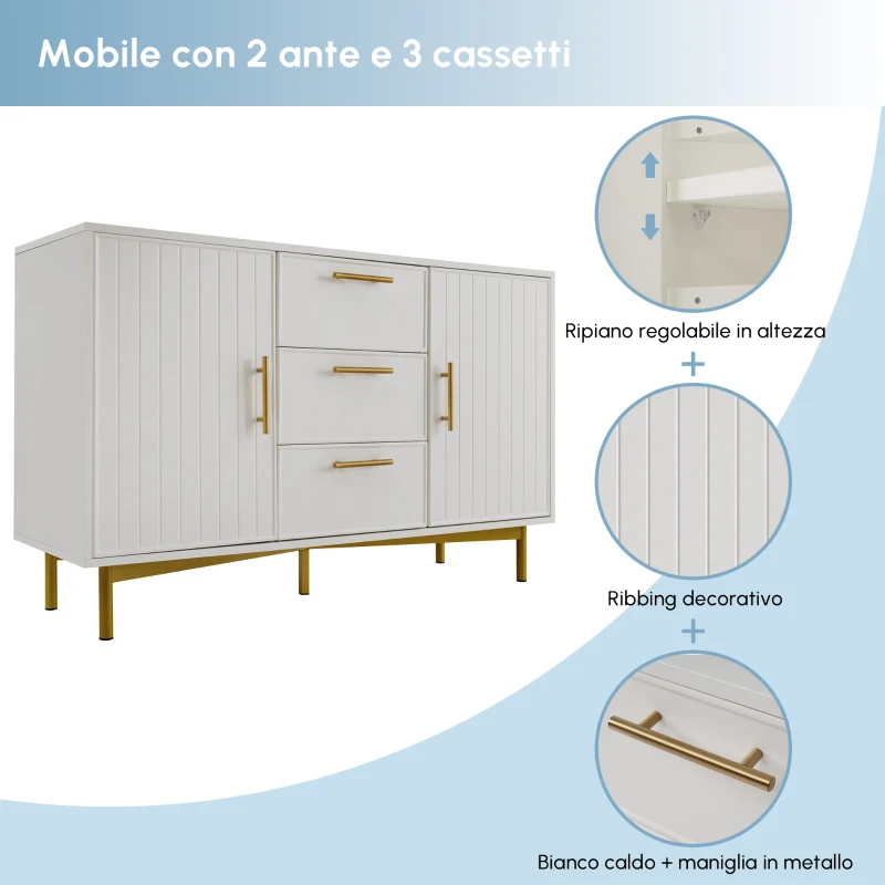 Credenza Elegante con 2 Ante e 3 Cassetti,  Design Moderno con Maniglie Decorative Oro, per Soggiorno e Camera da Letto, Bianco
