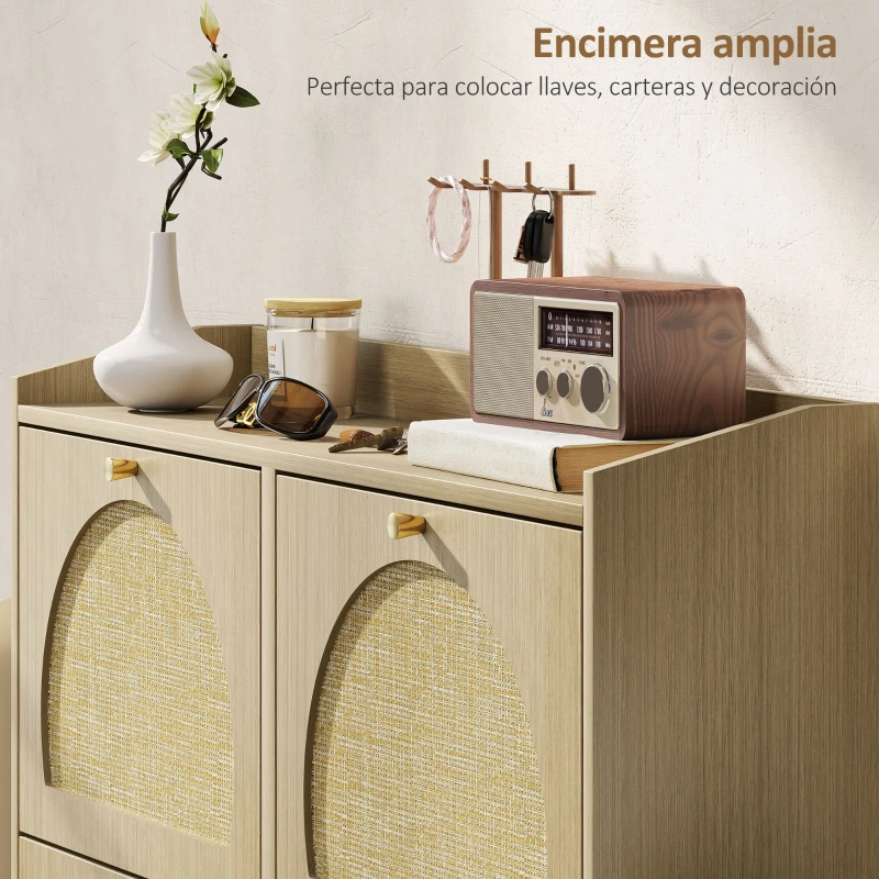 HOMCOM Zapatero Estrecho con 4 Puertas de Ratán con Estantes Ajustables para 16 Pares de Zapatos 104,5x24x88 cm Natural