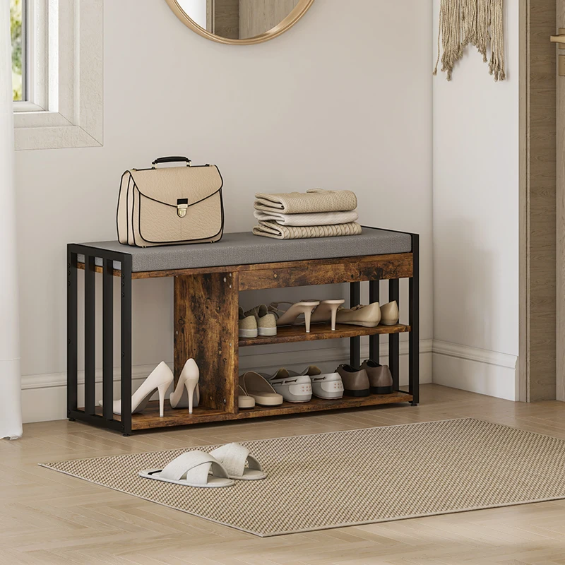 HOMCOM Shoe Storage with Seat, Upholstered Entryway Bench, Shoe Bench with 3 Open Shelves for Hallway, Rustic Brown