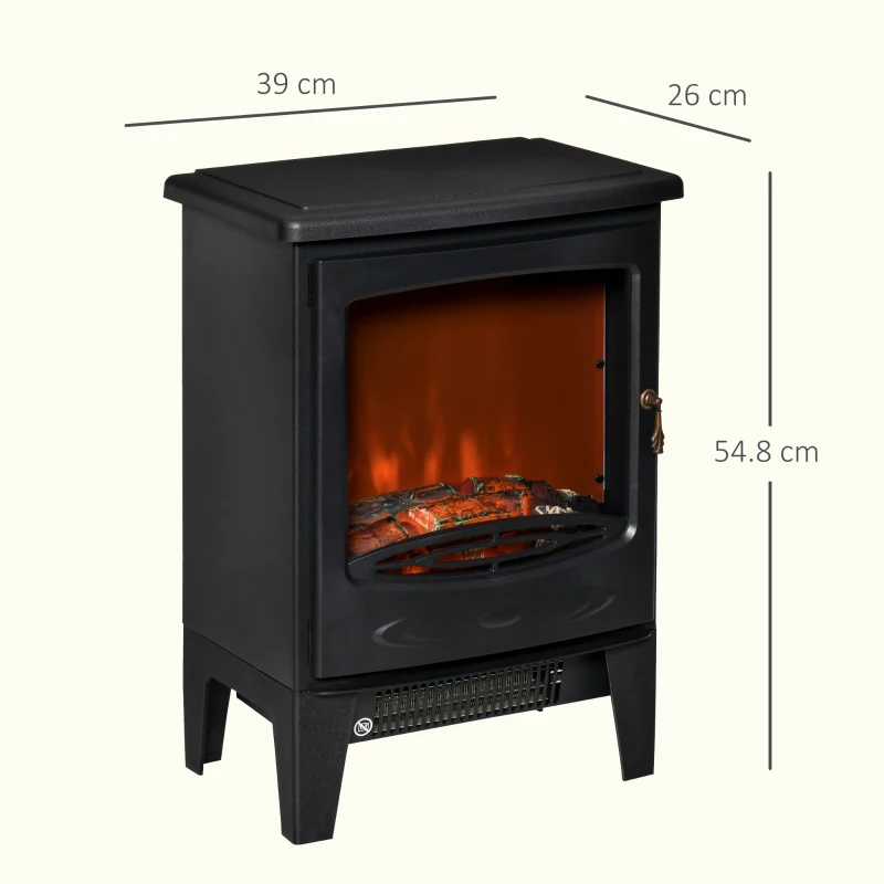 HOMCOM Camino Elettrico da Terra con Effetto Fiamma, Temperatura Regolabile 900W-1800W, Protezione da Surriscaldamento, Copertura 15-20m², 39x26x54.8cm, Nero