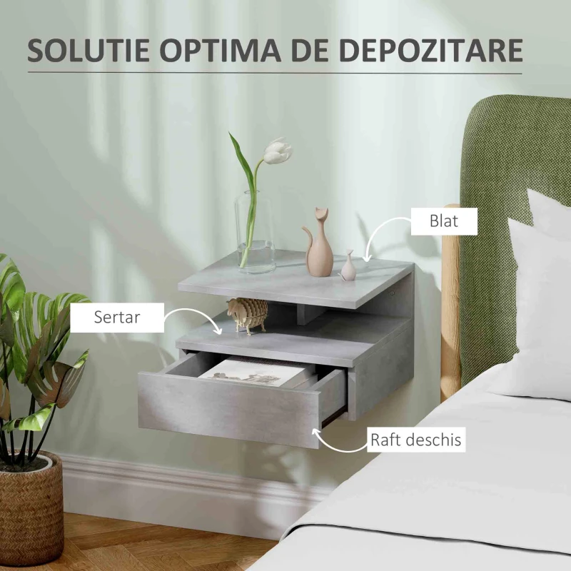 HOMCOM Conjunto de 2 Mesas de Cabeceira Flutuantes com Gaveta e Prateleira Aberta para Sala de Estar, 35x32x22,5 cm Cinzento