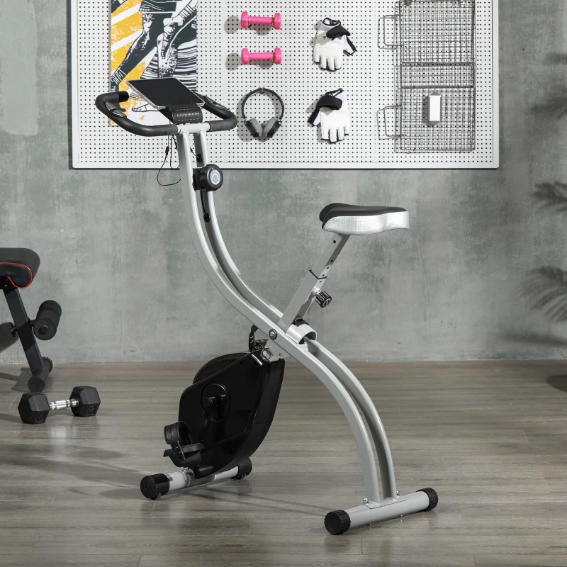 SPORTNOW Vélo d'appartement pliant, vélo de fitness, 8 niveaux de résistance magnétique, selle réglable, écran LCD, acier gris