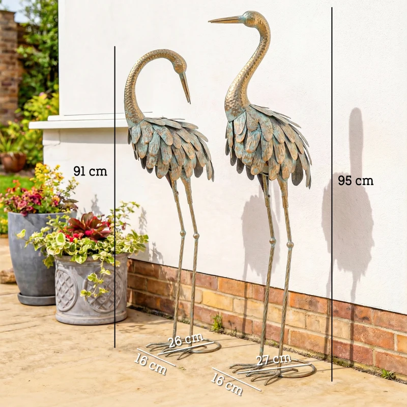Outsunny Set de 2 statui de grădină, sculptură de stârc din metal, statui de păsări 91/95cm, pentru curte, iaz, terasă, auriu/albastru