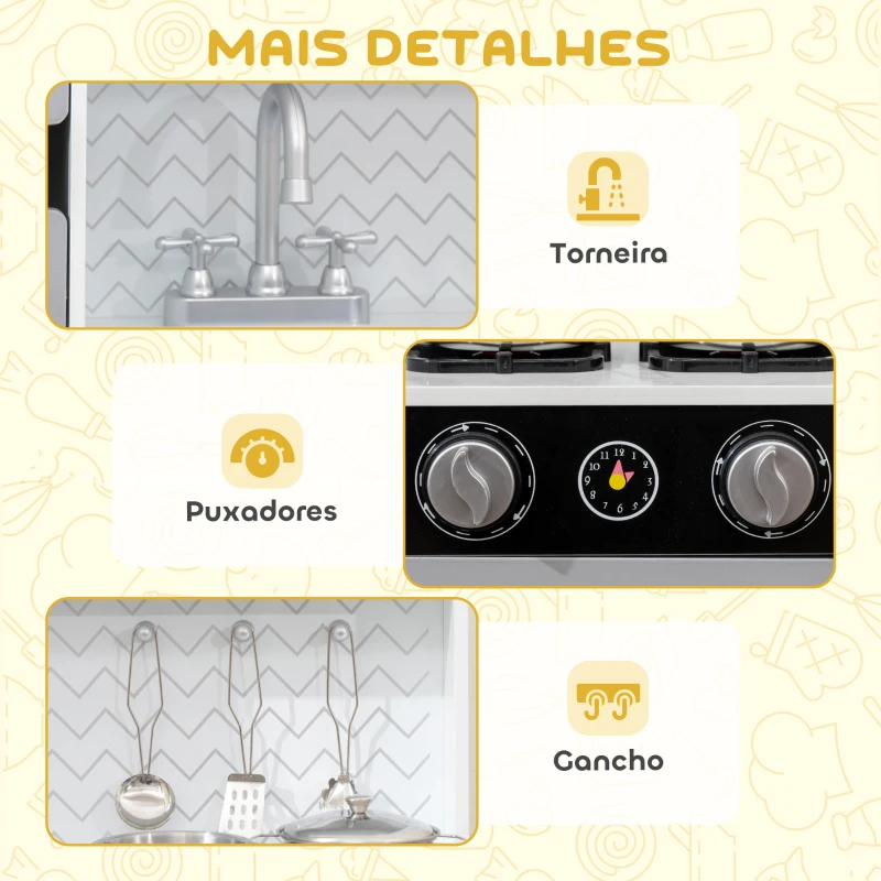 AIYAPLAY Cozinha de Madeira com Som Acessórios em Aço Inoxidável Micro-Ondas, Máquina de Gelo Cafeteira, Máquina de Lavar Loiça 79,5x24x83,8 cm Branco