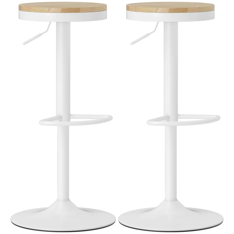 HOMCOM Lot de 2 tabourets de bar, réglables en hauteur, pivotants 360° tabouret avec structure en acier repose-pieds 38,5x38,5x60-80 cm Bois naturel+Blanc
