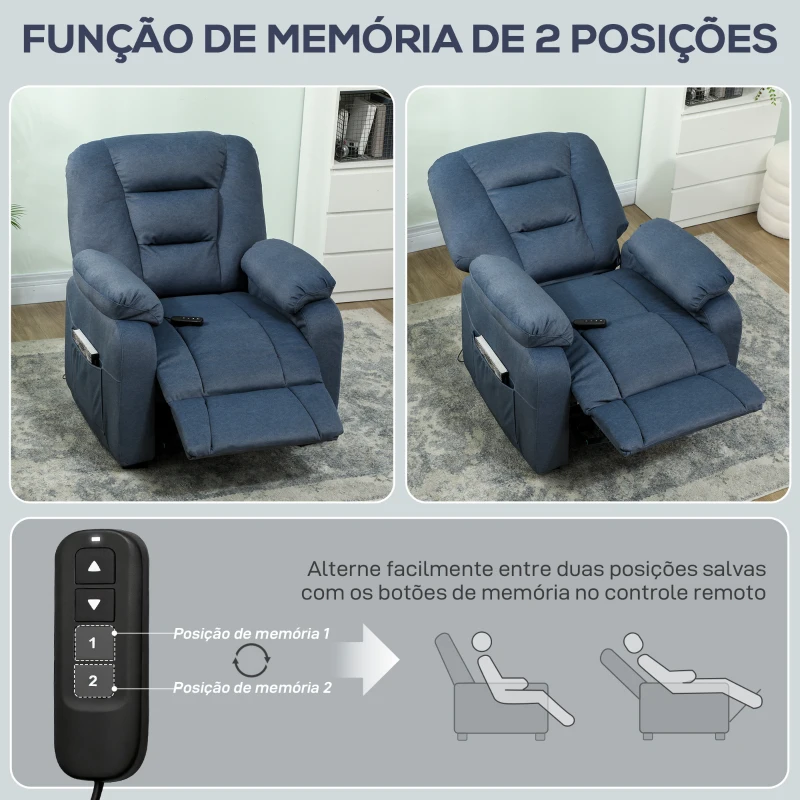 HOMCOM Poltrona Reclinável Elétrica Silenciosa com Função Memória Apoio para os Pés Controlo Remoto Porta USB 96x90x105 cm Azul