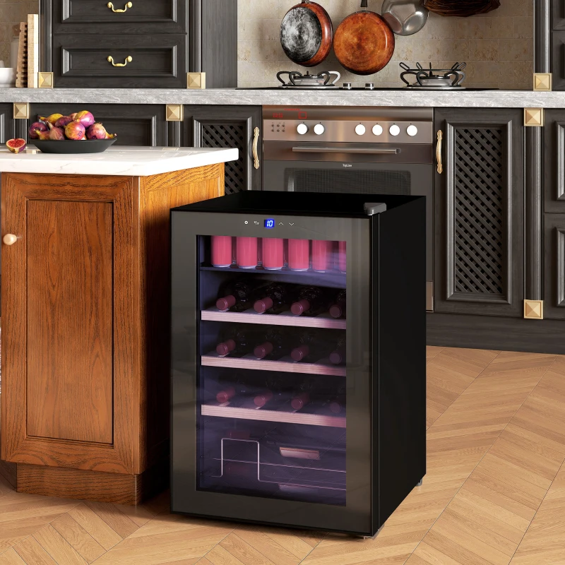HOMCOM Adega Refrigerada para Vinho 53L com Prateleiras Ajustáveis para 12 Garrafas e 25 Latas 43x45x64 cm Preto