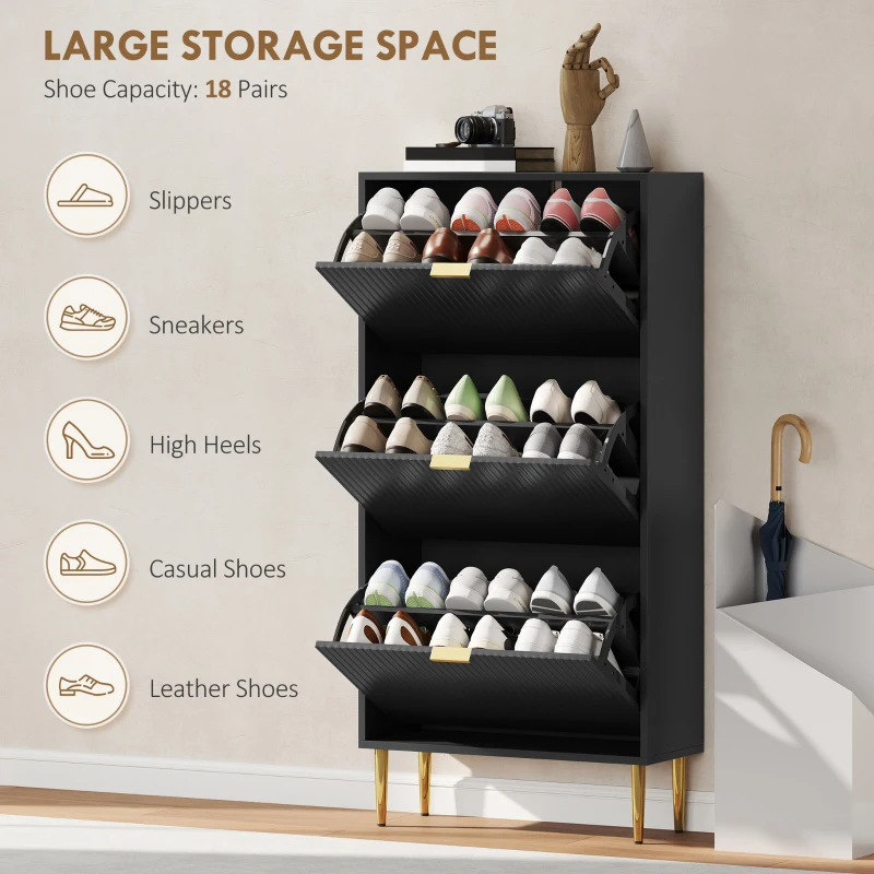 HOMCOM Elegant Three-Drawer Shoe Cabinet - Black