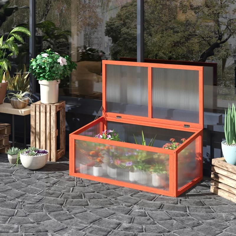 Outsunny Compacte Houten Mini-Kas met Doorzichtig Polycarbonaat Deksel, Oranje 90 x 46 x 40 cm