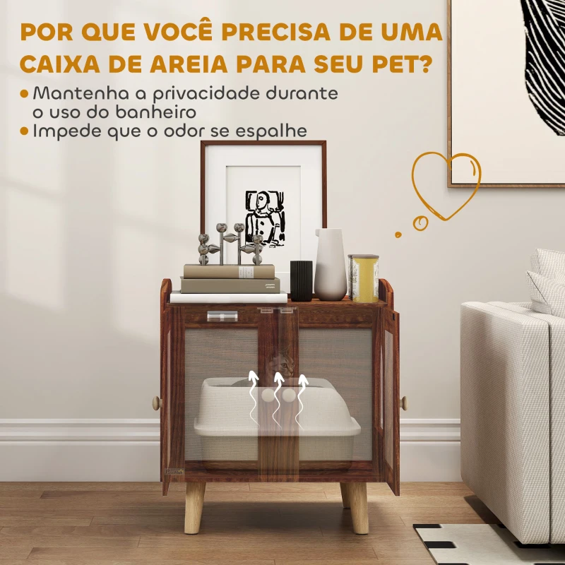 PawHut Móvel Caixa de Areia para Gatos com Tapetes de Sisal Pés de Madeira 55x43x59,6 cm Castanho Rústico