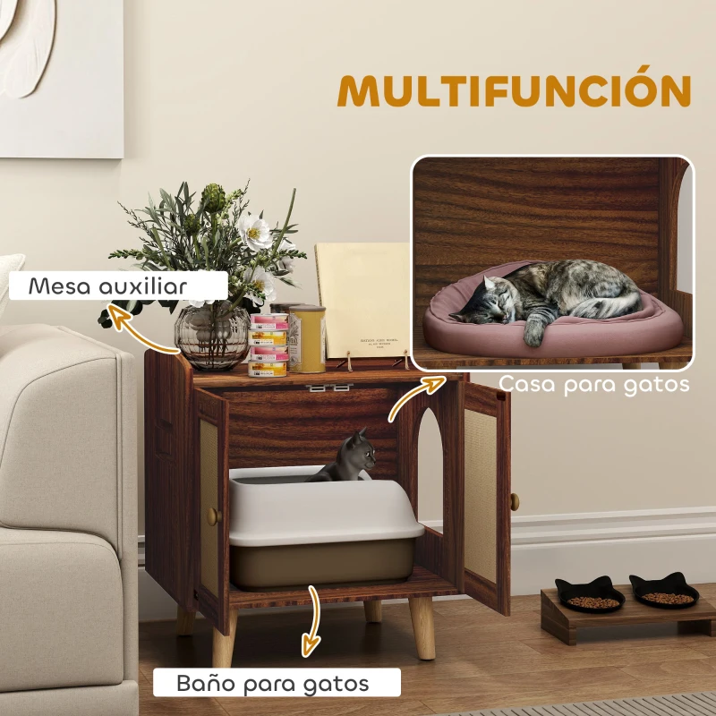 PawHut Mueble Arenero para Gatos Mesa Auxiliar con Puertas con Esteras de Sisal para Salón Dormitorio 55x43x59,6 cm Marrón