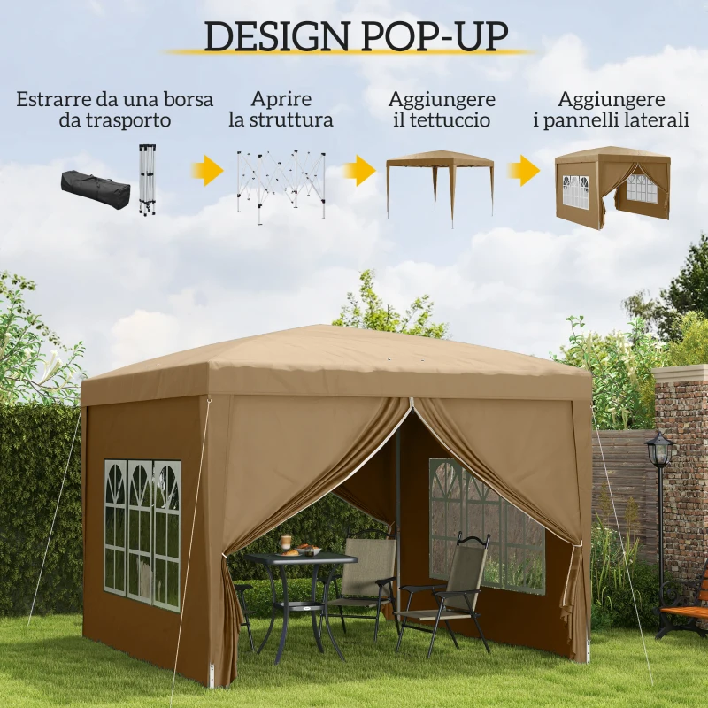 Outsunny Gazebo da Esterno 3x3 m Pieghevole con 4 Pannelli Laterali, in Acciaio e Tessuto Oxford Cachi