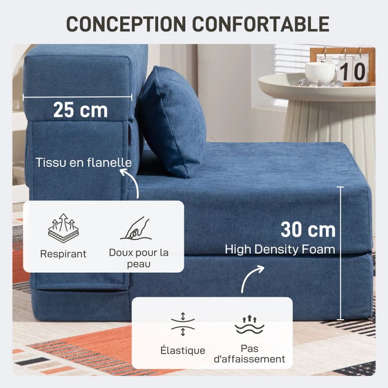 HOMCOM Fauteuil convertible 1 place fauteuil lit pliant, coussin inclus, pour invités, salon, petit espace, charge 120 kg, bleu