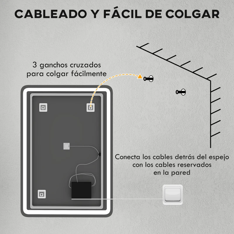 HOMCOM Espejo de Baño con Luces LED 70x100 cm 3 Colores de Luz Brillo Regulable Función Antivaho Función de Memoria IP44