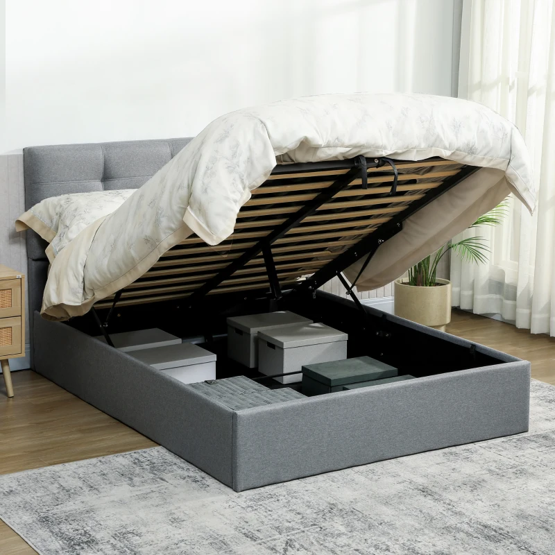 HOMCOM Lit coffre 140x190, cadre de lit double rembourré avec sommier à lattes en bois et rangement cach, sans matelas, gris