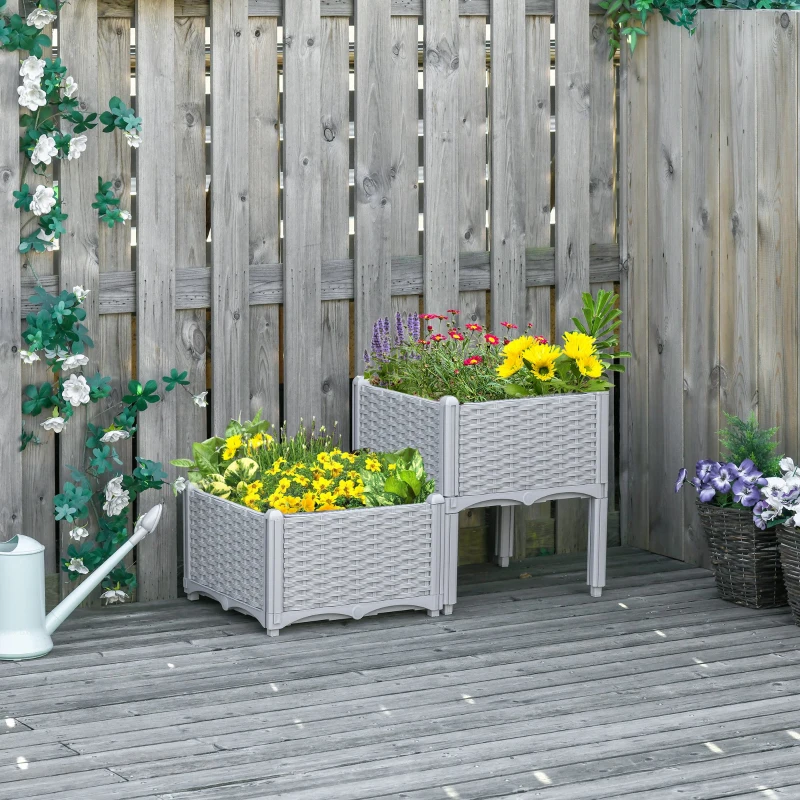 Outsunny Set of Two Rattan-Effect Planters - Grey