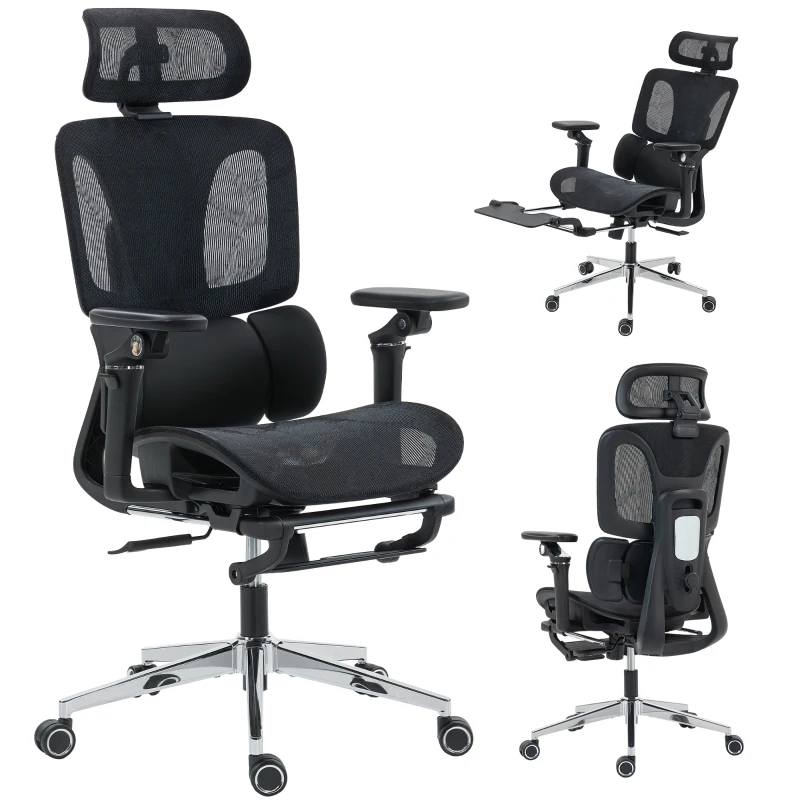 HOMCOM Cadeira de Escritório Ergonómica Cadeira de Secretária com apoio lombar e de cabeça ajustáveis, apoios de braço 5D dobráveis, apoio de pés, malha preta
