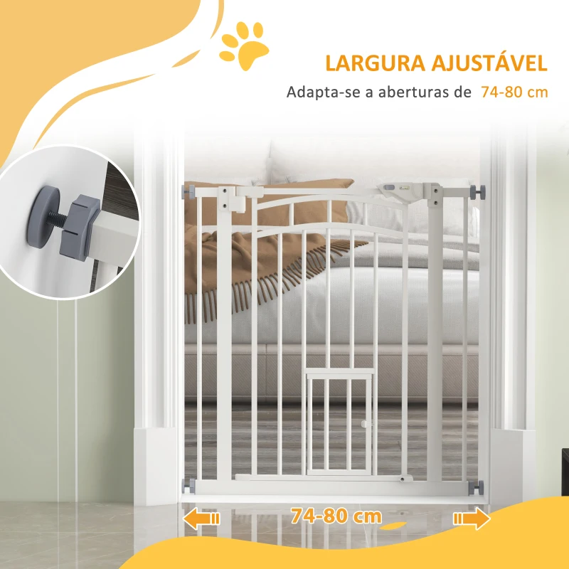 PawHut Barreira de Segurança para Cães 74-80 cm Porta de Segurança para Animais com Montagem a Pressão e Duplo Bloqueio Branco