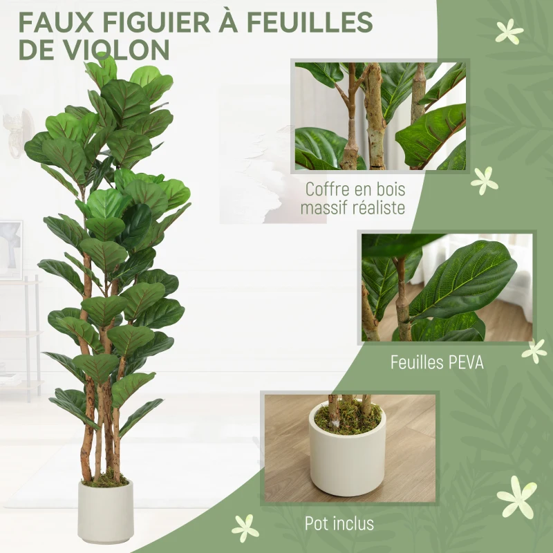 HOMCOM Plante artificielle intérieure 150 cm Figuier lyre arbre artificiel avec pot en plastique et tronc en bois massif, vert