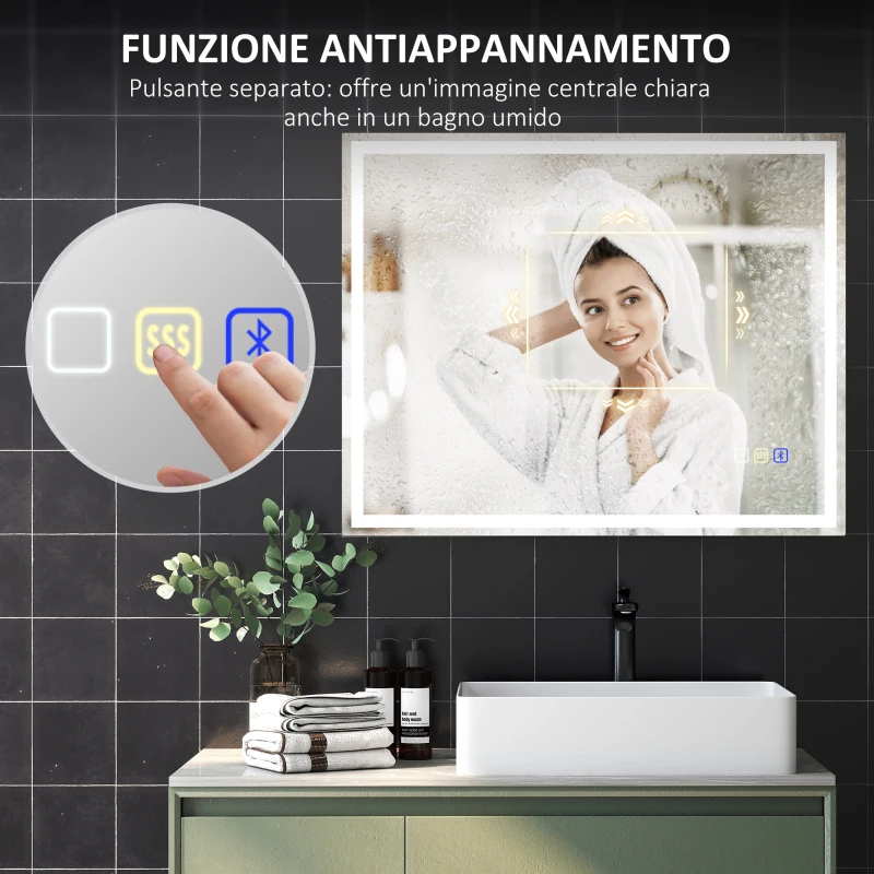 HOMCOM Specchio Bagno Antiappannante con Luce LED Regolabile, Speaker Bluetooth, Pulsanti Touch, 80x100 cm