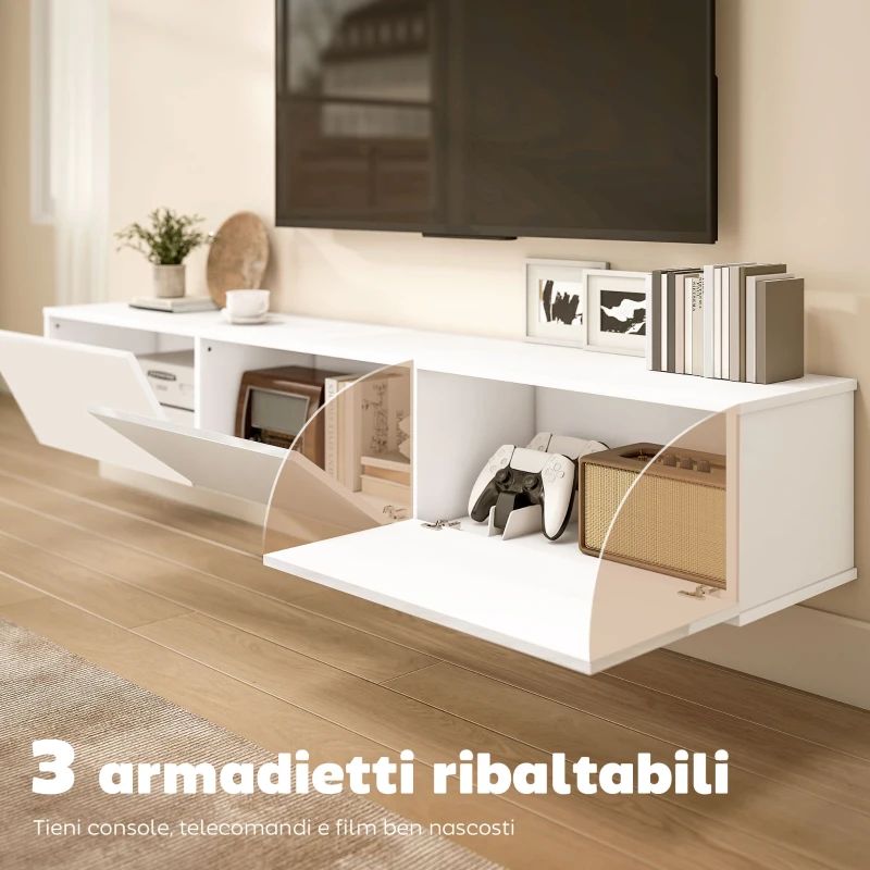 HOMCOM Mobile Porta TV fino a 82" Sospeso con 3 Armadietti a Ribalta e Ante Soft Close, Bianco