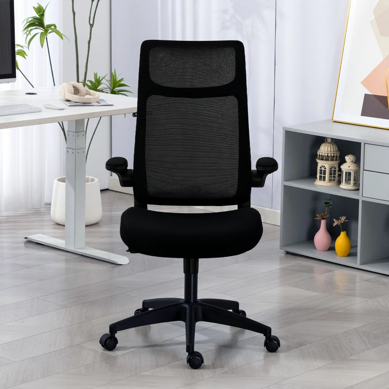 HOMCOM Chaise bureau, fauteuil de bureau, accoudoirs relevables 3D, hauteur réglable, dossier en maille, 64x65x108-118cm, noir