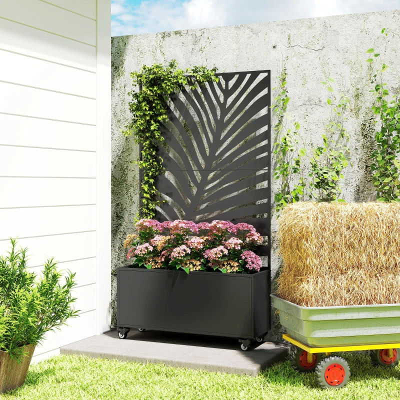 Outsunny Jardinieră cu spalier, cuvă pentru flori, cu paravan de intimitate și roți blocabile, metal, 90 x 30 x 160 cm, negru