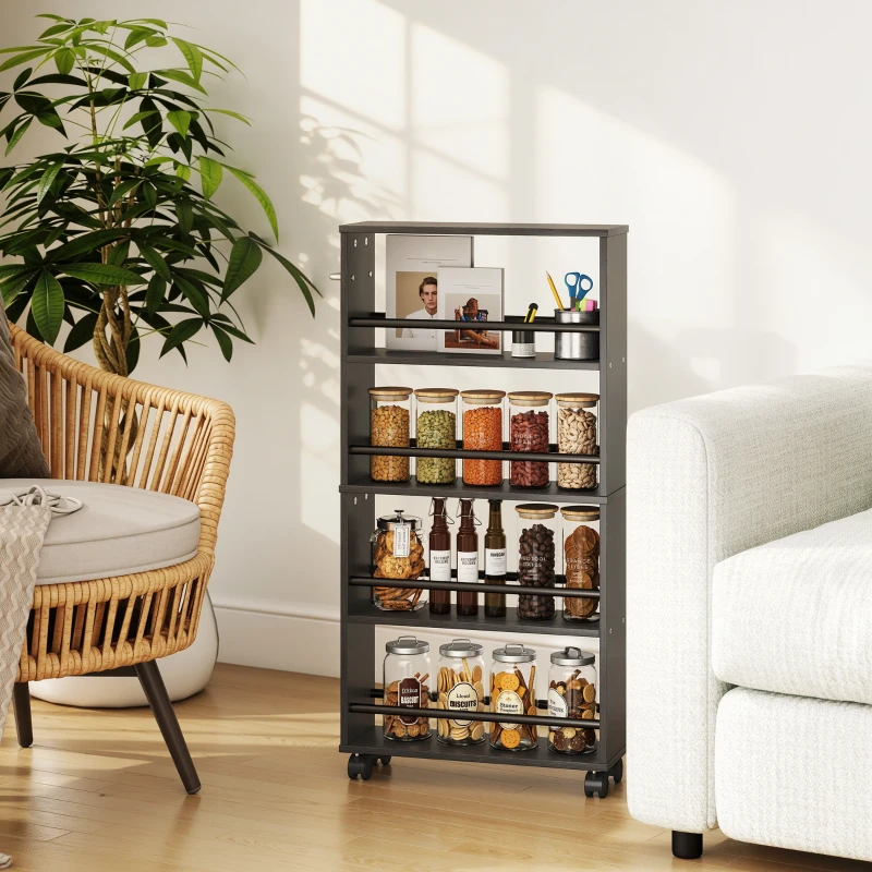 HOMCOM Multifunktionsregal mit Rollen, schmale Bauweise, 4 Fächer, 45x15x91 cm, Schwarz