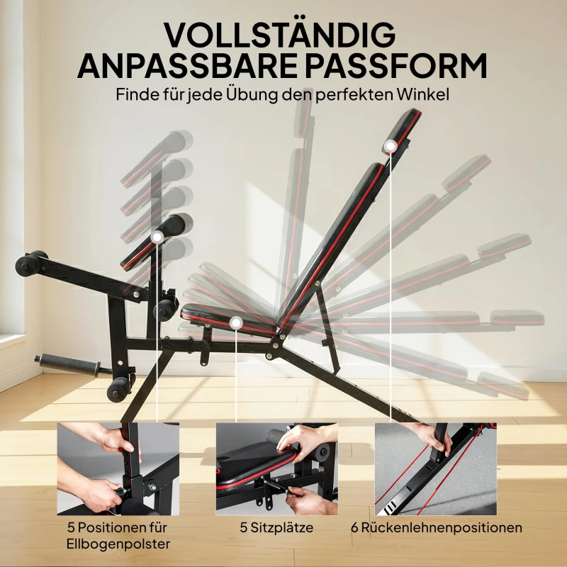 SPORTNOW Verstelbare halterbank tot 300 kg 3-in-1 trainingsbank met wieltjes Beentrainer Curlbank hoofdsteun weerstandsbanden