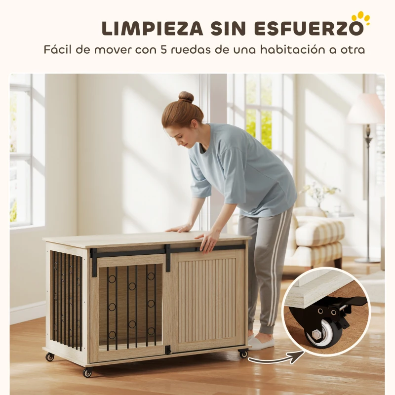 PawHut Jaula para Perros Medianos y Grandes Mesa Auxiliar Moderna con 2 Puertas y Cierre 100x56x65 cm Roble