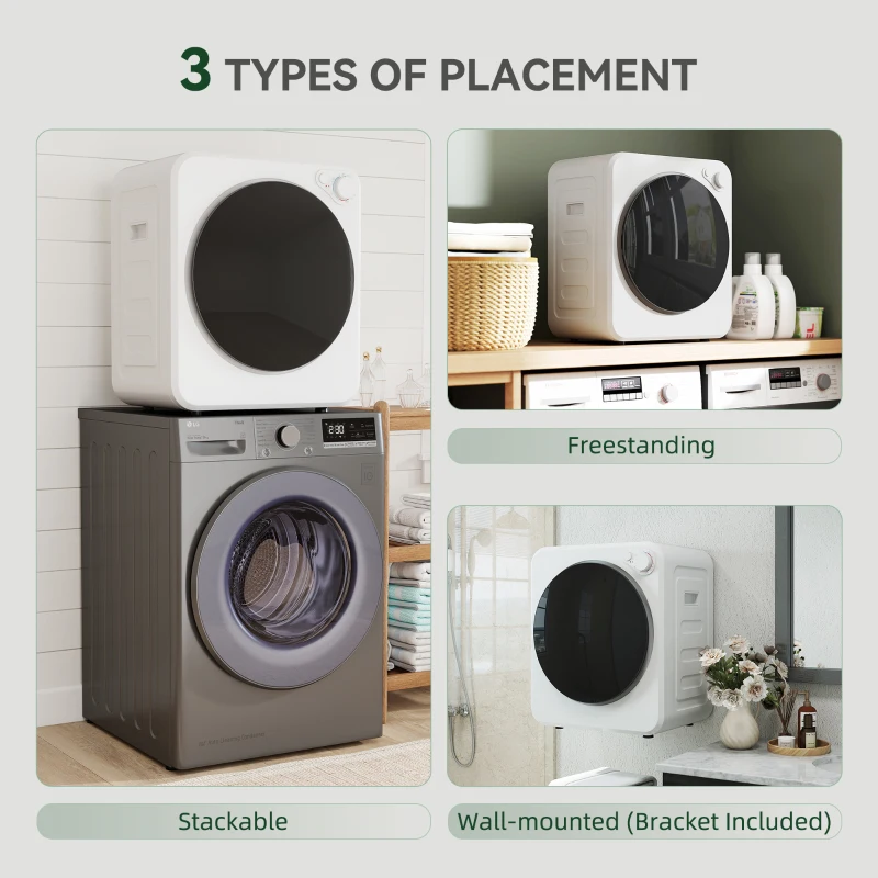 HOMCOM Mini suszarka do ubrań 4 kg z 5 programami do 60℃ 800W/400W suszarka wywiewna z odwracalnym bębnem ze stali nierdzewnej, biały