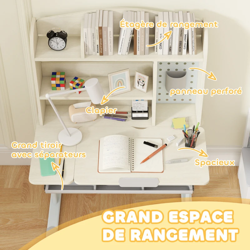 AIYAPLAY Bureau pour enfants, table d'étude réglable en hauteur avec plateau inclinable, 80 x 51 x 108,5-130,5 cm, naturel