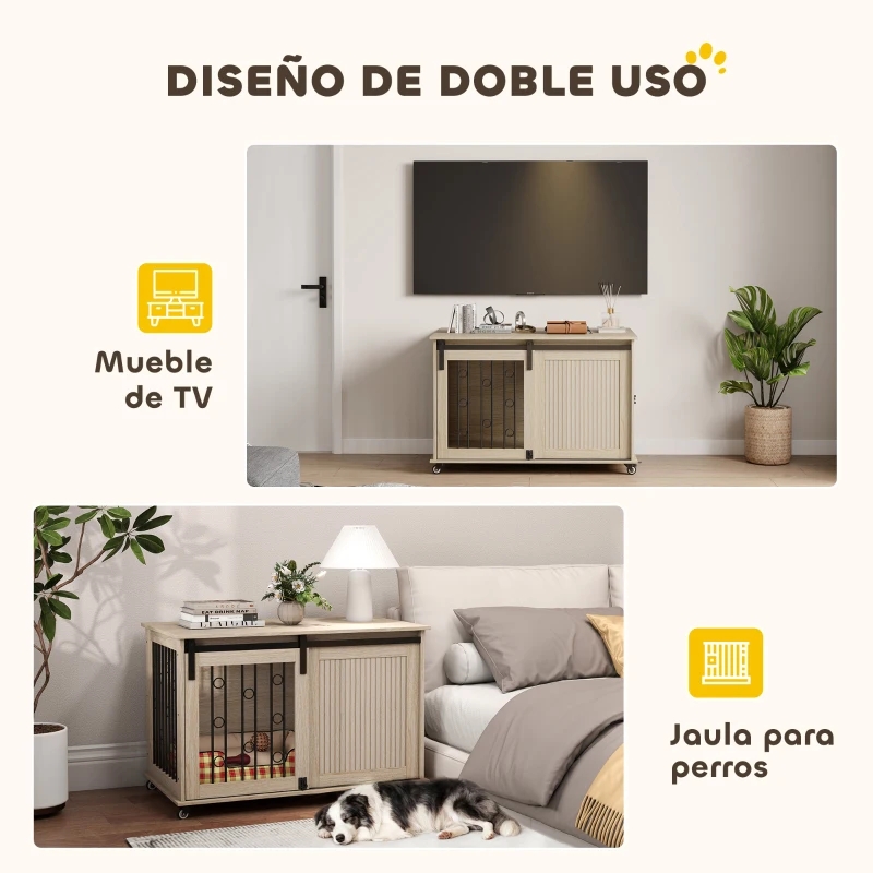 PawHut Jaula para Perros Medianos y Grandes Mesa Auxiliar Moderna con 2 Puertas y Cierre 100x56x65 cm Roble