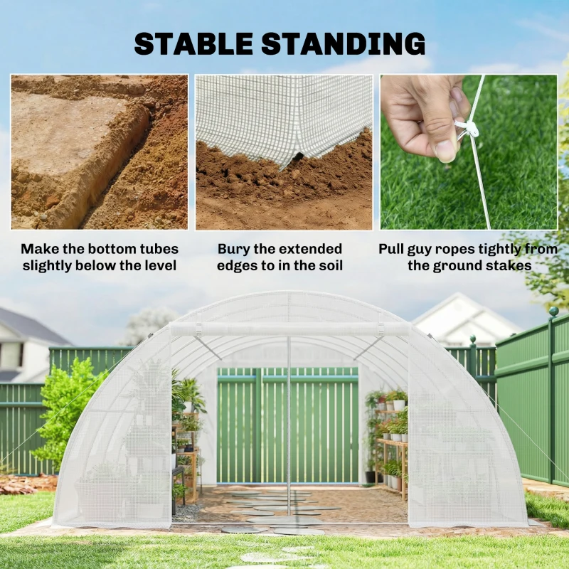 Outsunny Serra a Tunnel con 2 Barre di Supporto 2 Porte Avvolgibili e Finestre con Rete Copertura in PE Anti-UV Bianco