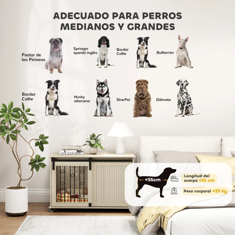 PawHut Jaula para Perros Medianos y Grandes Mesa Auxiliar Moderna con 2 Puertas y Cierre 100x56x65 cm Roble