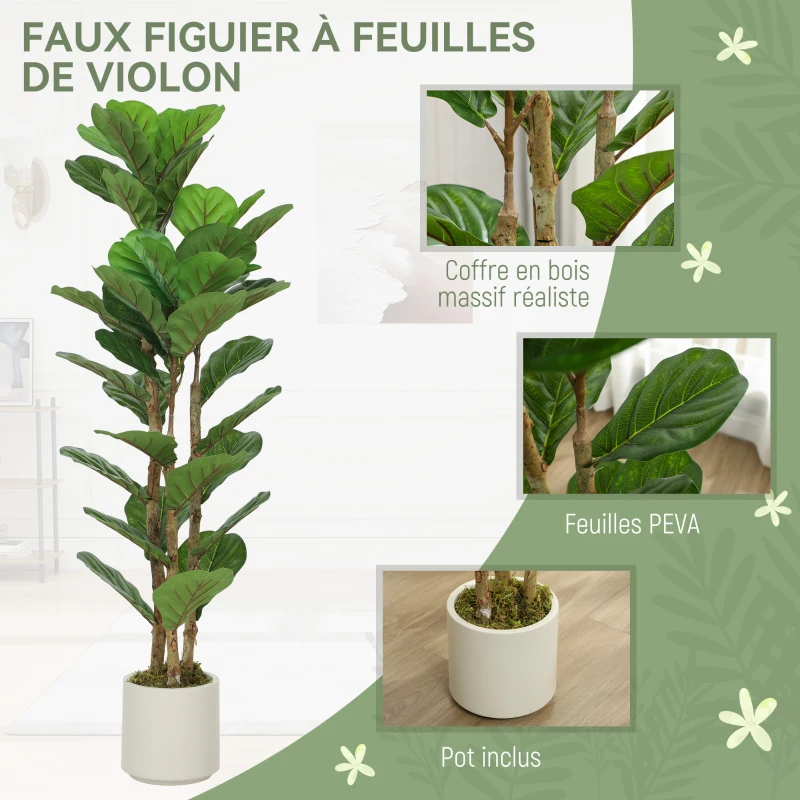 HOMCOM Plante artificielle intérieure 120 cm Figuier lyre arbre artificiel avec pot en plastique et tronc en bois massif, vert