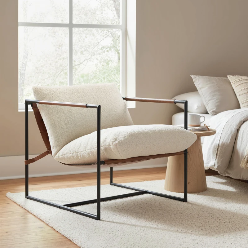 HOMCOM Fauteuil salon, fauteuil d'appoint rembourré en tissu bouclette, large assise et structure en acier, 77x91x80cm, crème