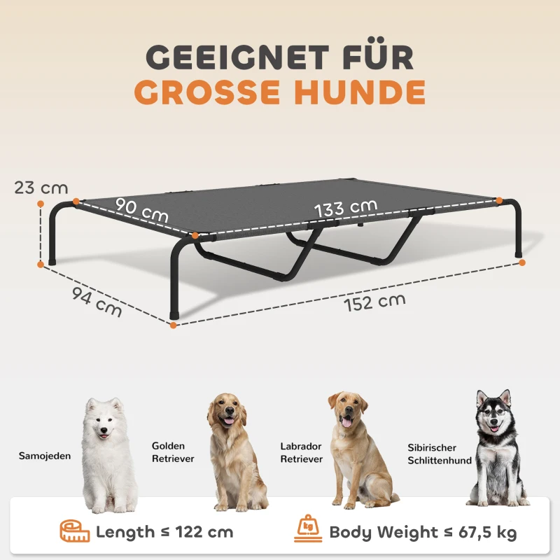 PawHut Hundeliege Outdoor, Erhöhtes Hundebett für große Hunde, mit Waschbares Mesh Stahlrahmen, 152 x 94 x 23 cm, Grau