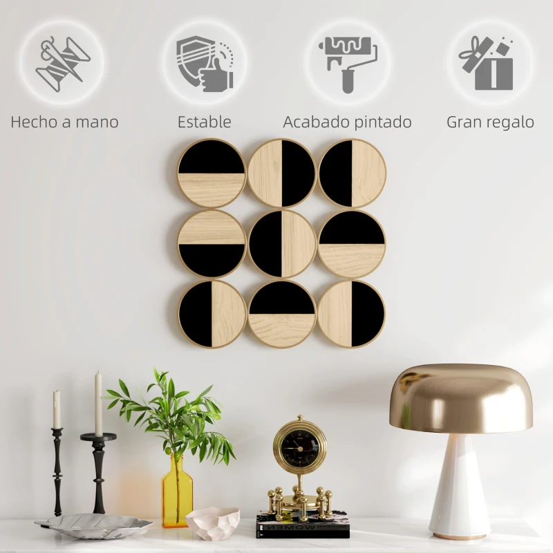 HOMCOM Cuadro Decorativo de Pared Geométrico Adorno Moderno 3D de 60x60 cm con Espejo de Plástico Negro y Madera Natural